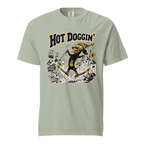 Light green t-shirt with a graphic design of a dog and text 'Hot Doggin'' on a white background