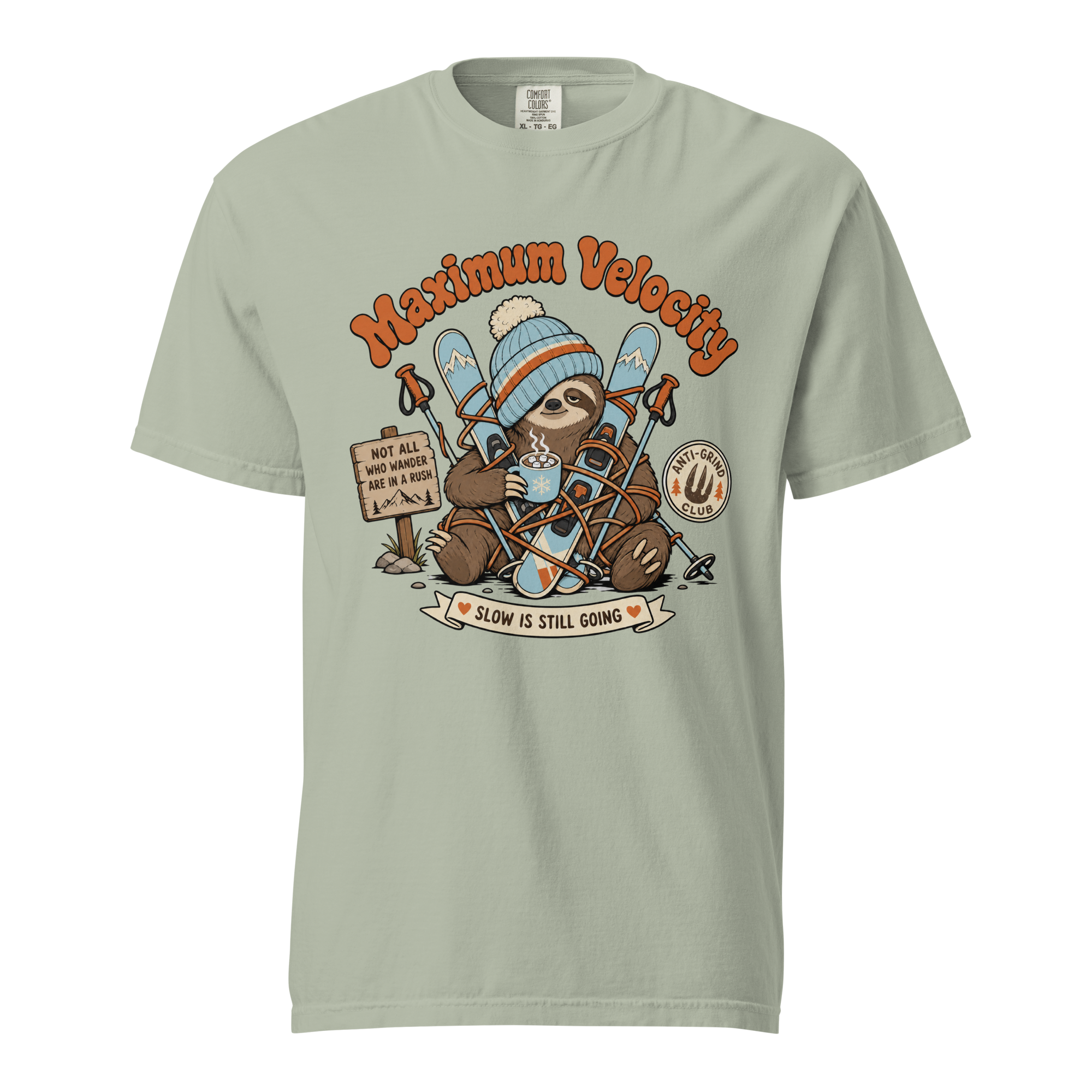 Light green t-shirt with a sloth graphic and 'Maximum Velocity' text on a white background