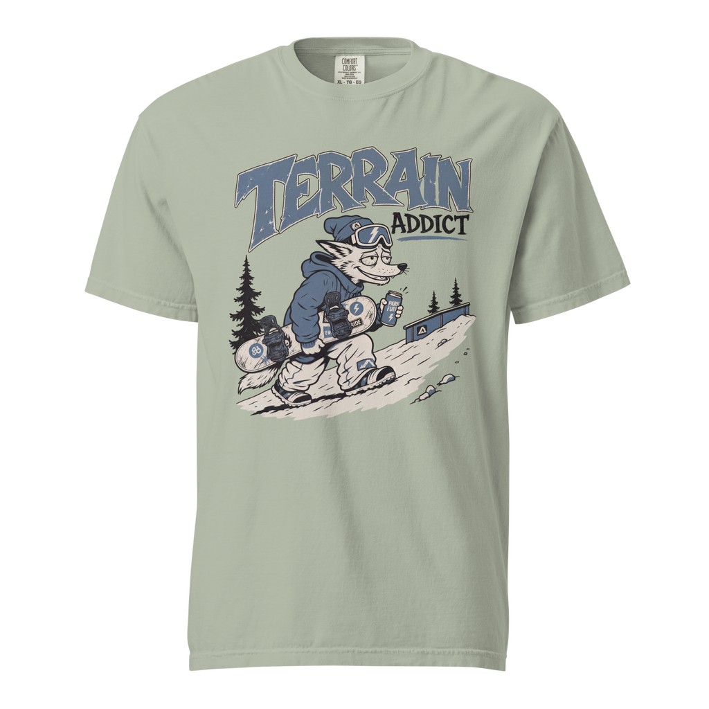 Bay green t-shirt with 'Terrain Addict' graphic design on a white background