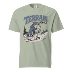 Bay green t-shirt with 'Terrain Addict' graphic design on a white background
