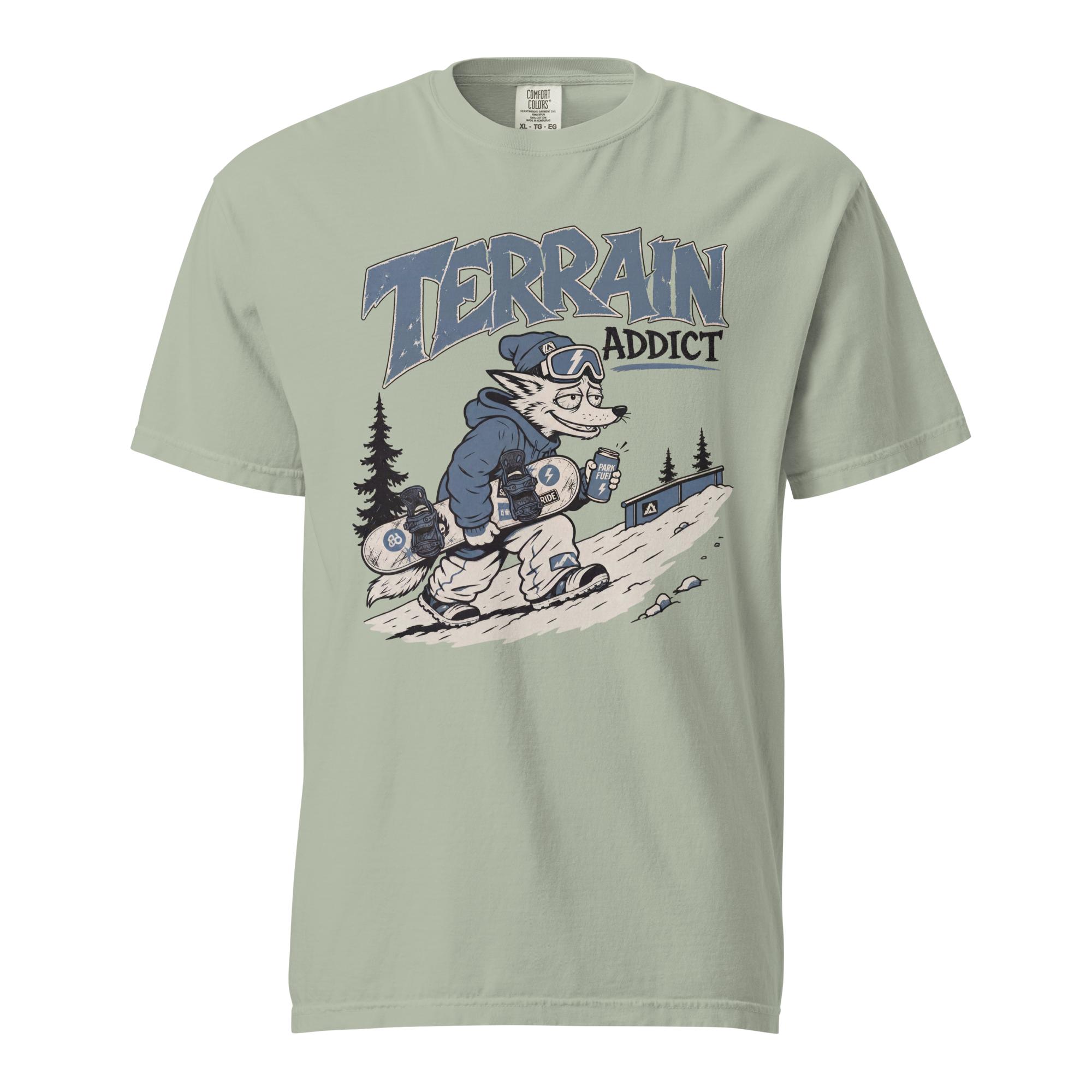 Bay green t-shirt with 'Terrain Addict' graphic design on a white background