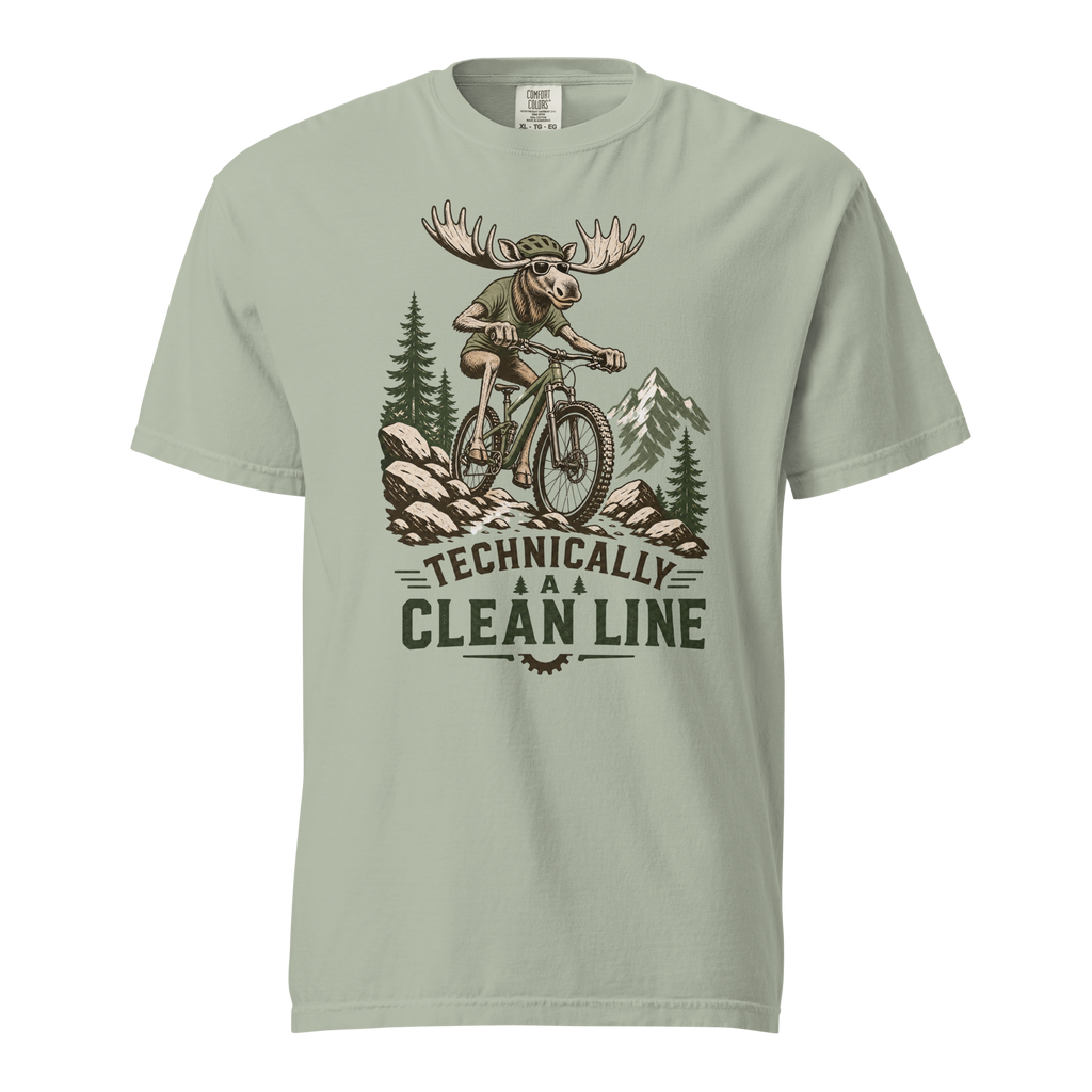Bay green t-shirt with a graphic of a moose riding a bike and mountains, featuring the text 'Technically A Clean Line'.