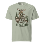 Bay green t-shirt with a graphic of a moose riding a bike and mountains, featuring the text 'Technically A Clean Line'.