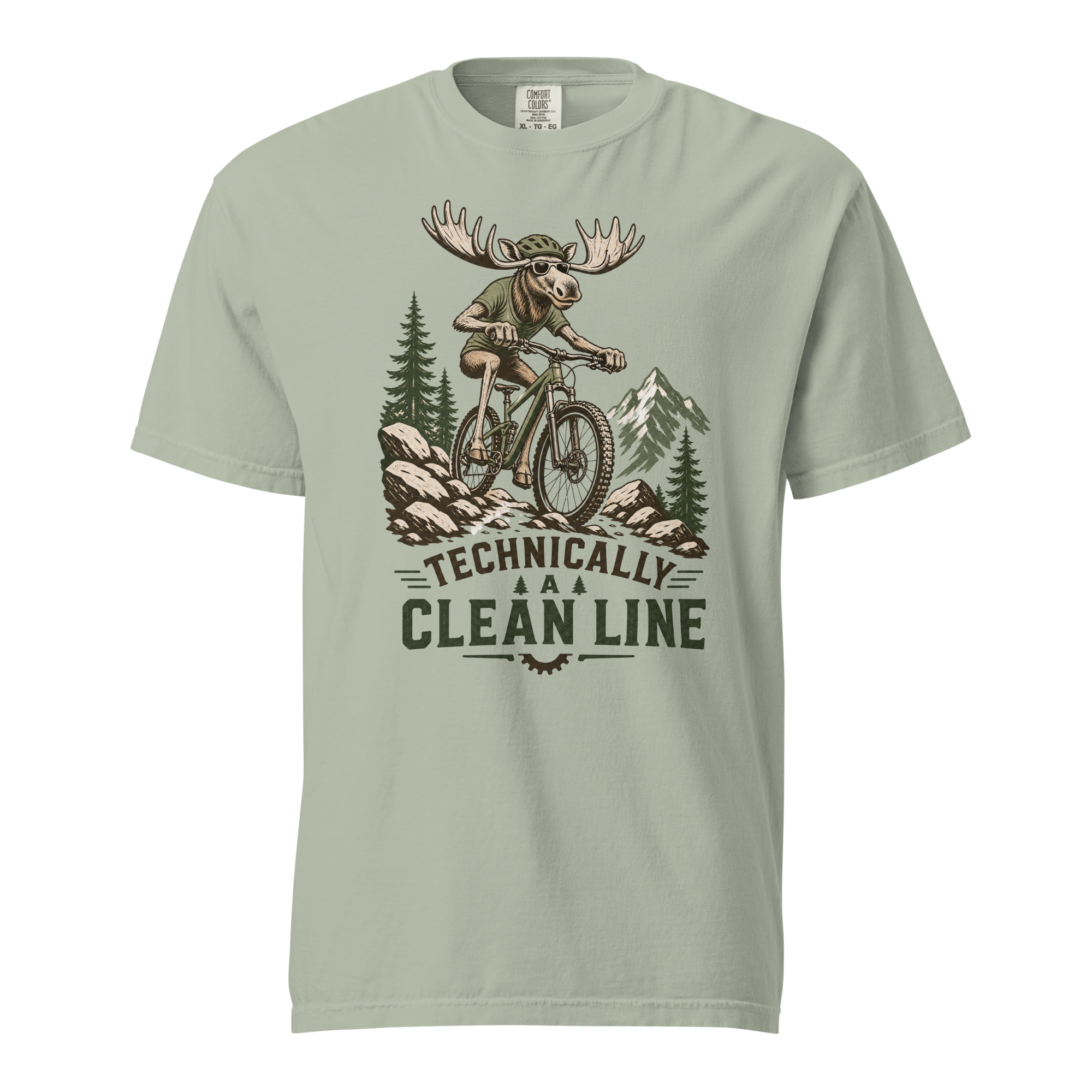 Bay green t-shirt with a graphic of a moose riding a bike and mountains, featuring the text 'Technically A Clean Line'.
