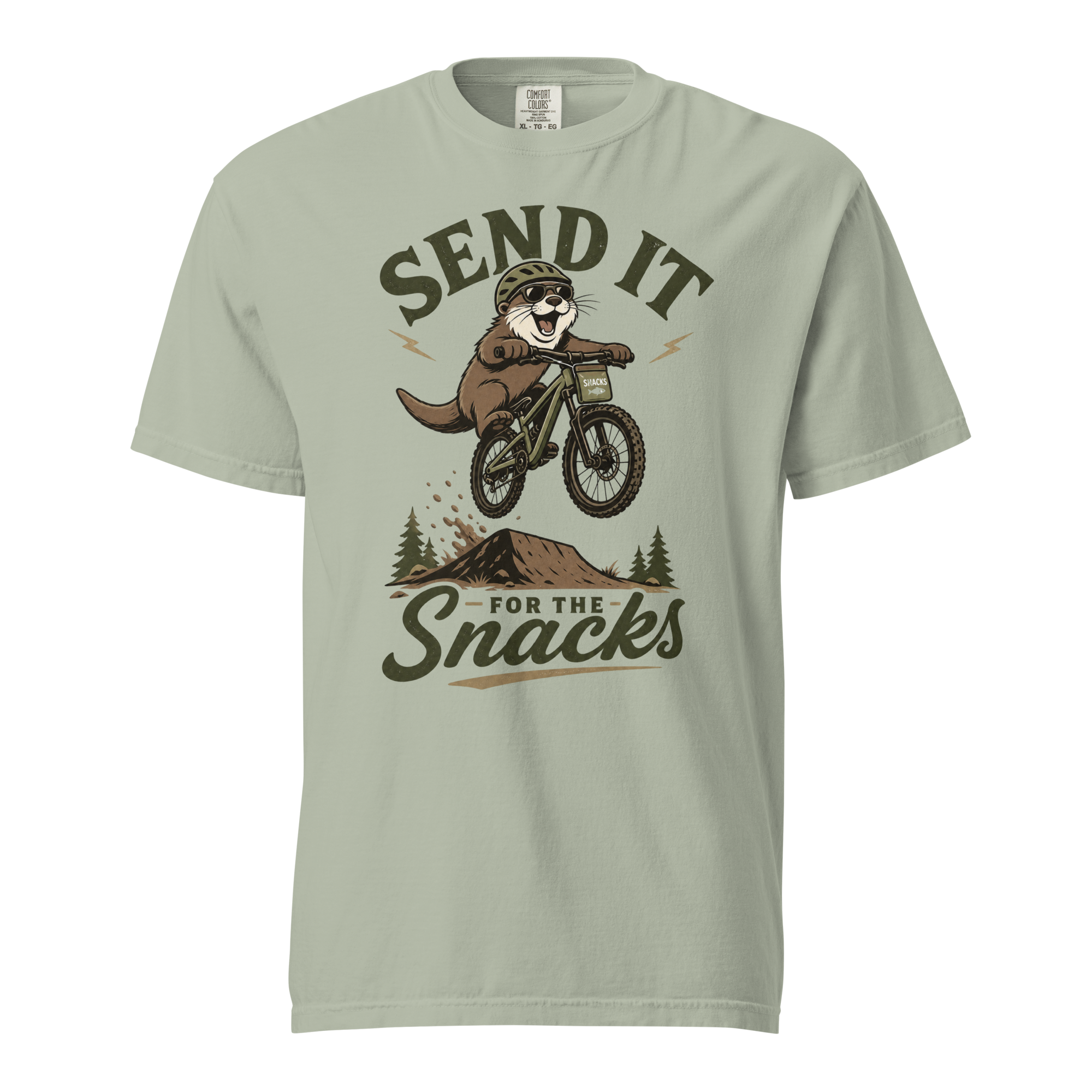Bay green t-shirt with an otter riding a bike graphic and text 'Send it for the snacks'.