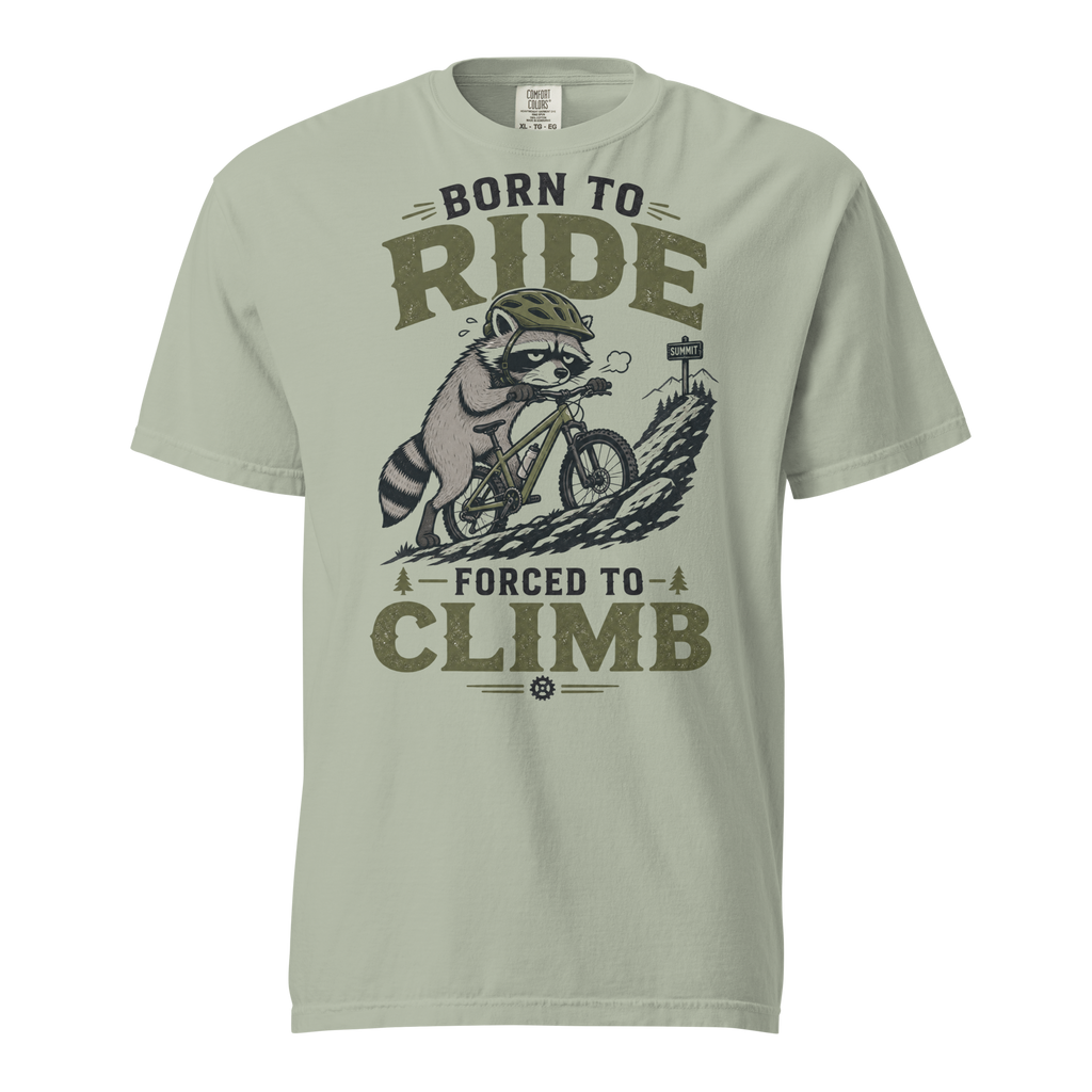 Bay green t-shirt with a graphic of a raccoon riding a bike and text 'Born to Ride, Forced to Climb'.