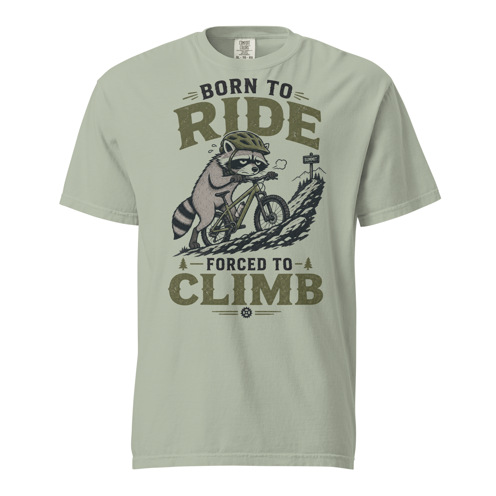 Bay green t-shirt with a graphic of a raccoon riding a bike and text 'Born to Ride, Forced to Climb'.
