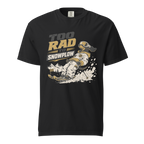 Black t-shirt with graphic design and text 'Too Rad to Snowplow' on a white background