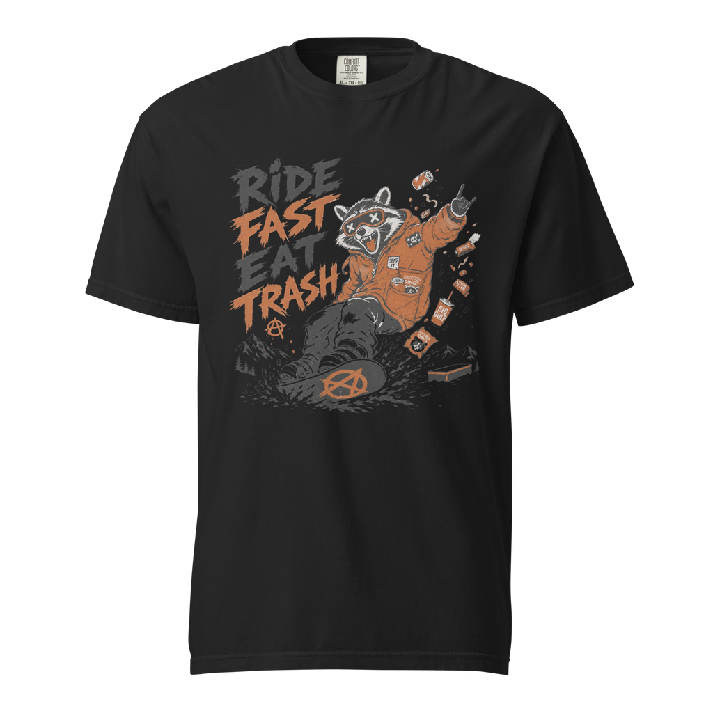 Black t-shirt with a graphic design of a raccoon and text 'Ride Fast Eat Trash' on a white background.