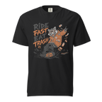 Black t-shirt with a graphic design of a raccoon and text 'Ride Fast Eat Trash' on a white background.