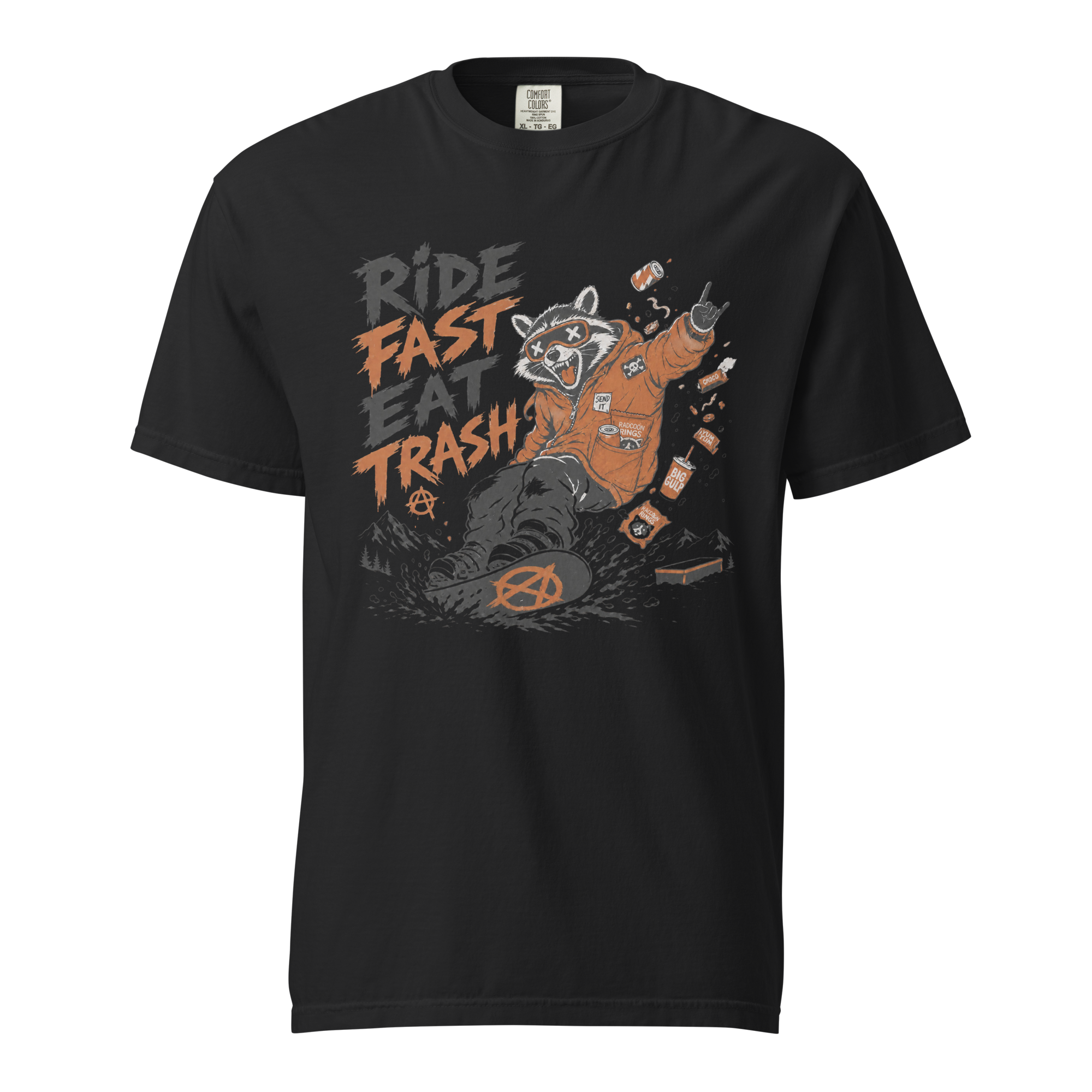 Black t-shirt with a graphic design of a raccoon and text 'Ride Fast Eat Trash' on a white background.