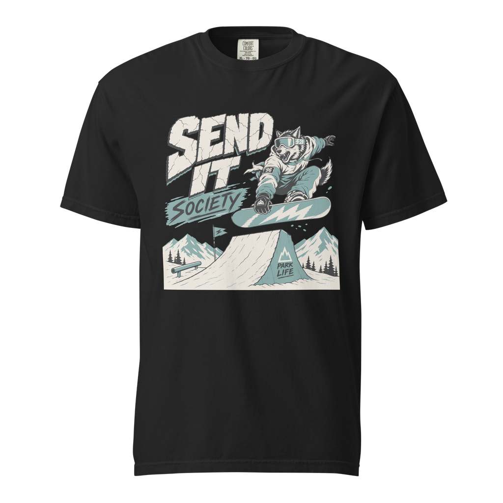 Black t-shirt with graphic design of a wolf on a snowboard and text 'Send It Society' on a white background