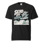 Black t-shirt with graphic design of a wolf on a snowboard and text 'Send It Society' on a white background