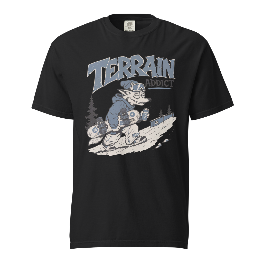 Black t-shirt with graphic design and 'Terrain Addict' text on a white background