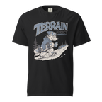 Black t-shirt with graphic design and 'Terrain Addict' text on a white background