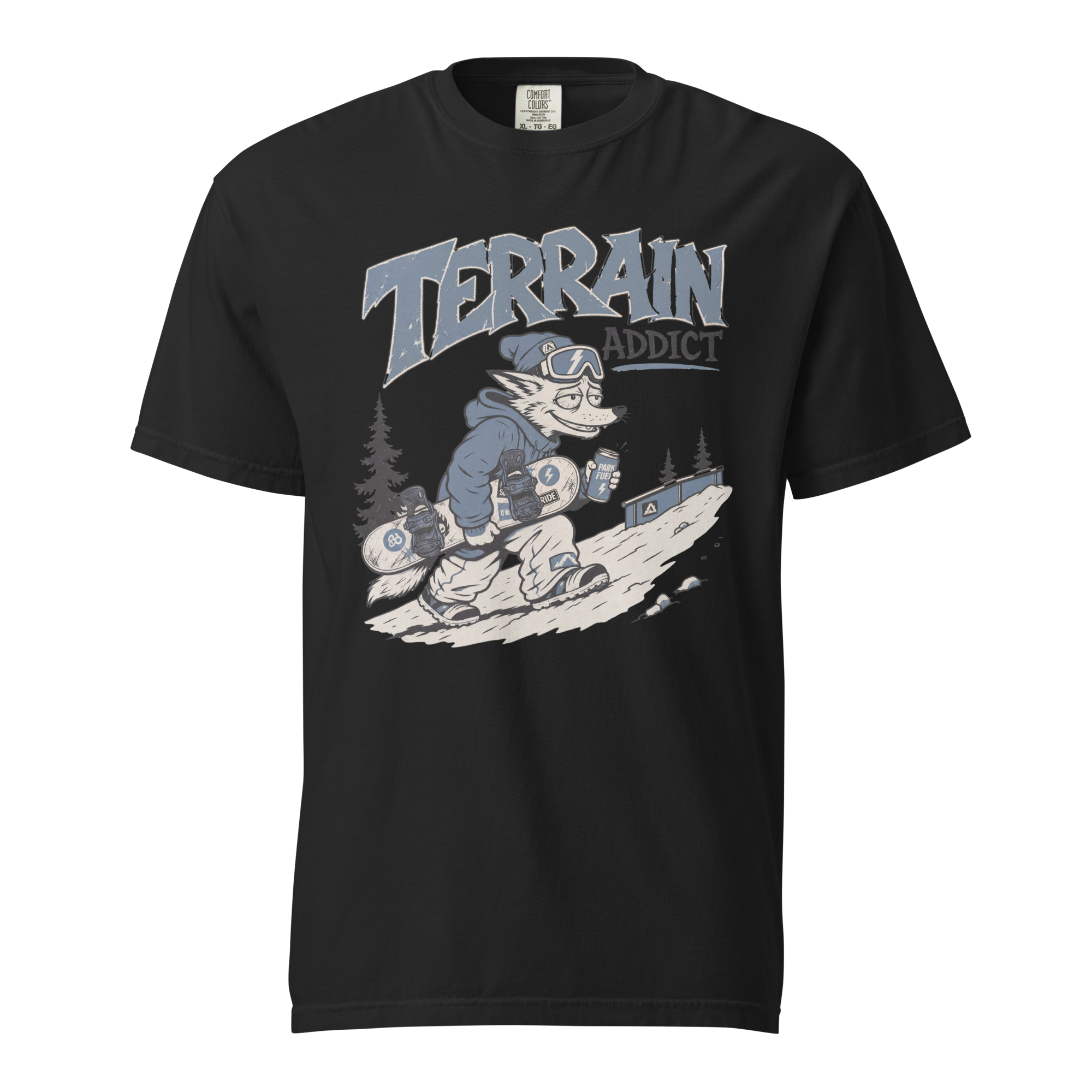 Black t-shirt with graphic design and 'Terrain Addict' text on a white background