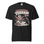 Black t-shirt with graphic design and text on a white background