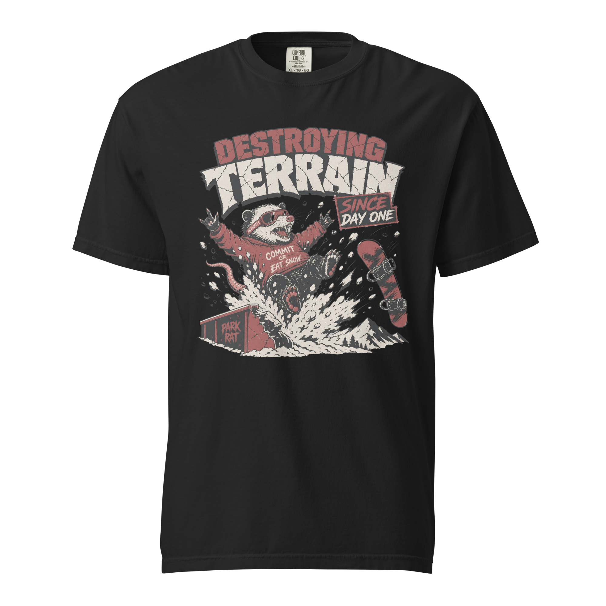 Black t-shirt with graphic design and text on a white background