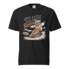 Black t-shirt with a graphic of a raccoon snowboarding and 'Slush Season' text on a white background