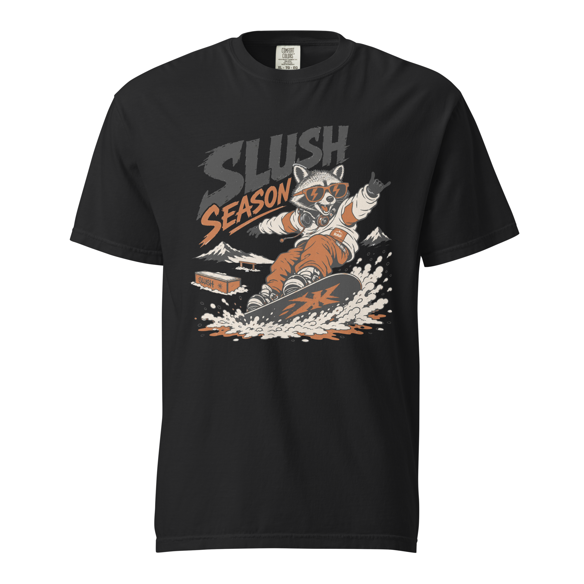Black t-shirt with a graphic of a raccoon snowboarding and 'Slush Season' text on a white background
