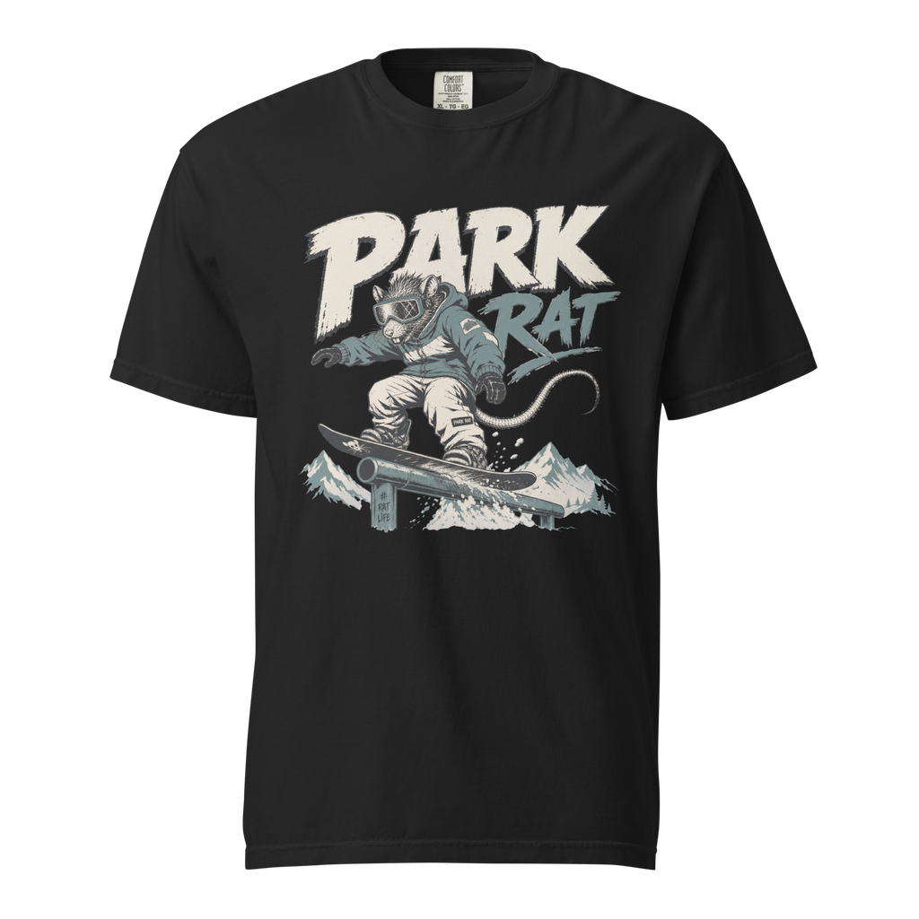 Black t-shirt with 'Park Rat' graphic design featuring a person on a snowboard.