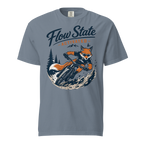 Gray t-shirt with a graphic of a fox riding a bike and 'Flow State Activated' text on a white background