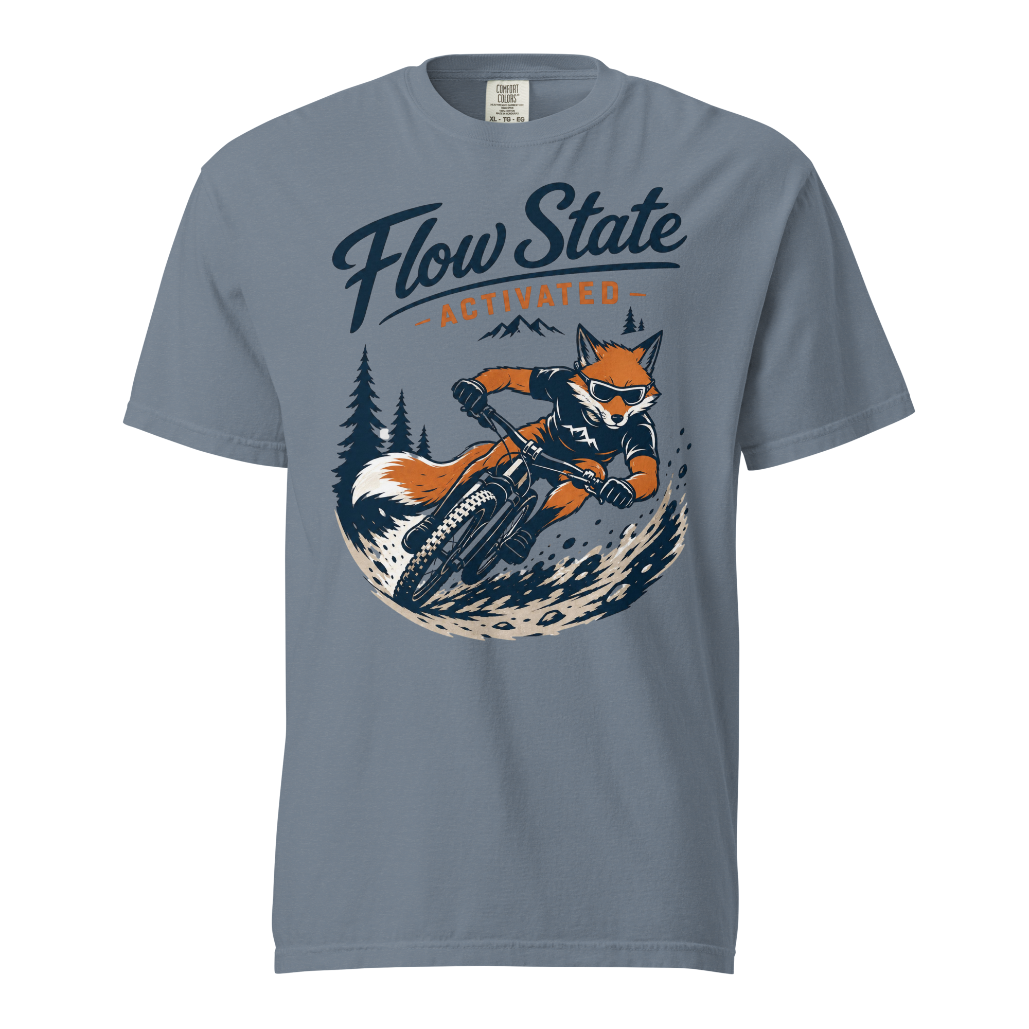 Gray t-shirt with a graphic of a fox riding a bike and 'Flow State Activated' text on a white background
