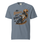 Gray t-shirt with a graphic of a squirrel riding a bike and text 'No Brakes, Just Vibes' on a white background.