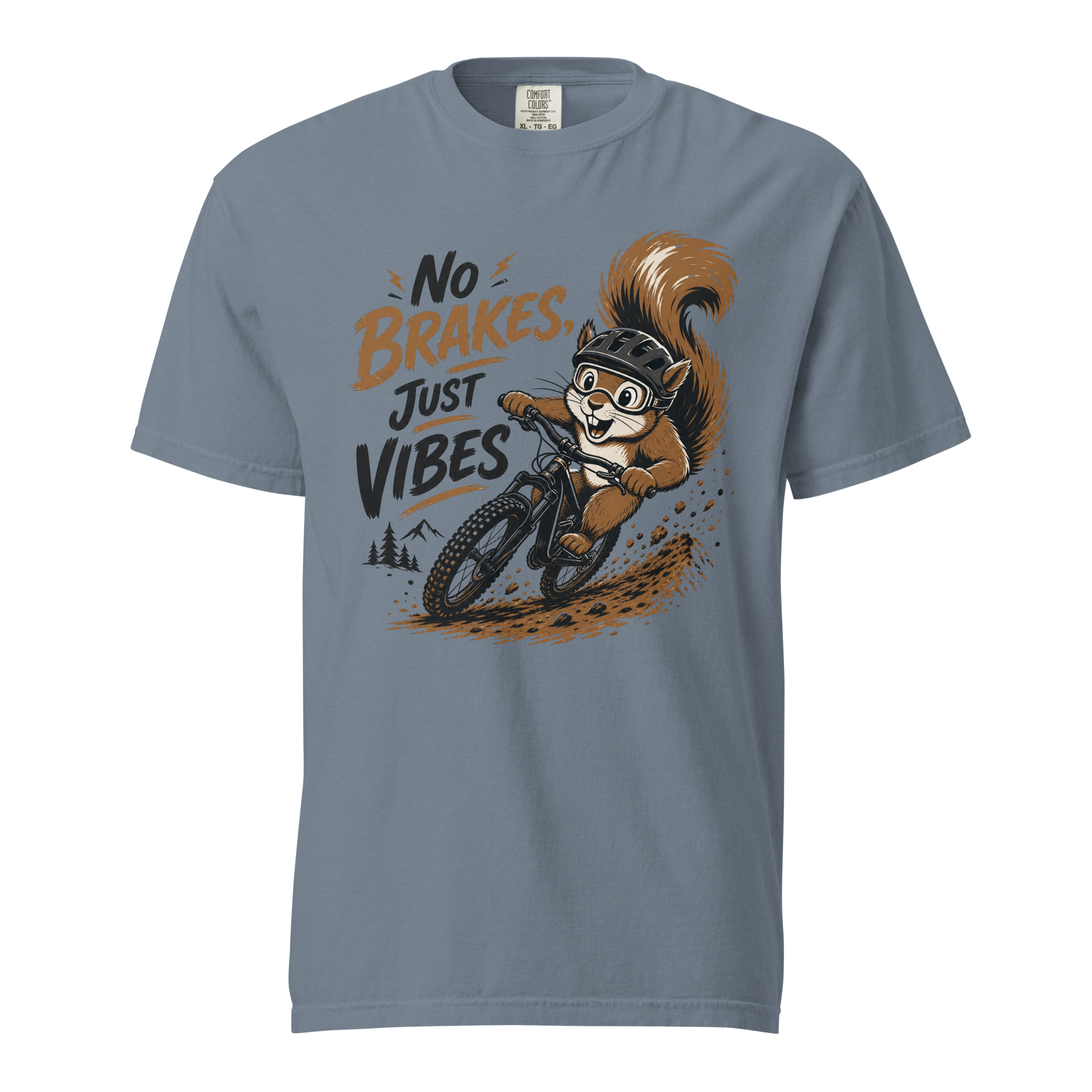 Gray t-shirt with a graphic of a squirrel riding a bike and text 'No Brakes, Just Vibes' on a white background.