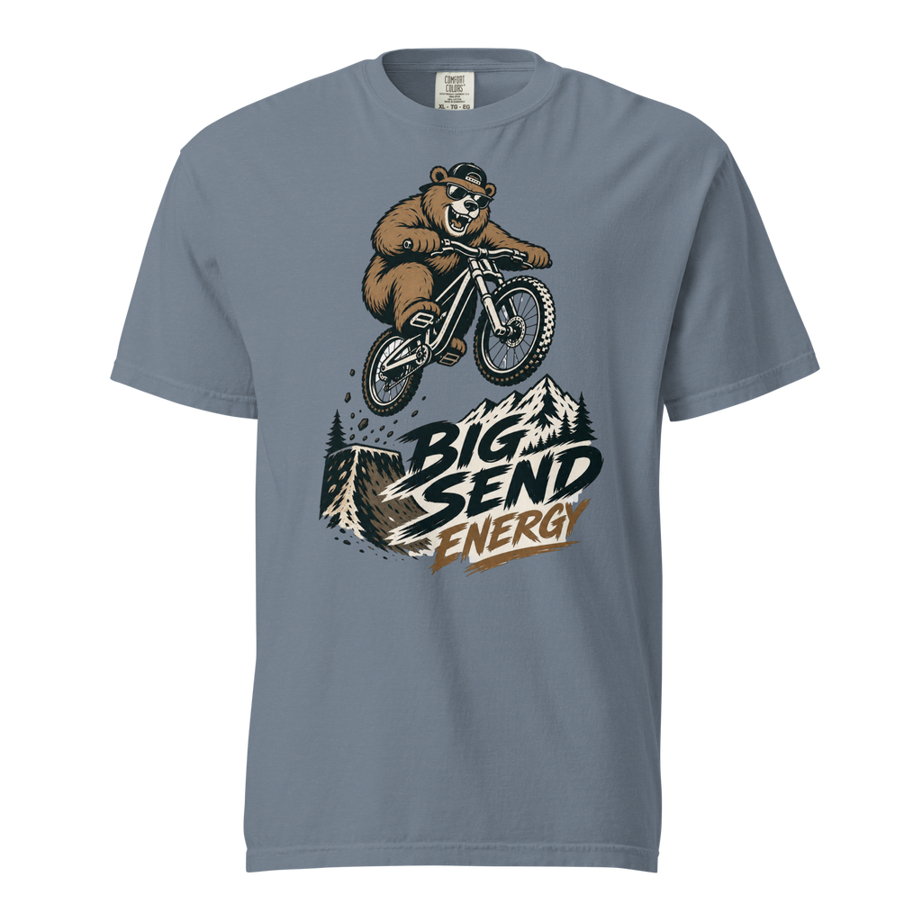 Blue jean colored t-shirt with a bear riding a bike graphic and 'Big Send Energy' text on a white background