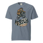 Blue jean colored t-shirt with a bear riding a bike graphic and 'Big Send Energy' text on a white background