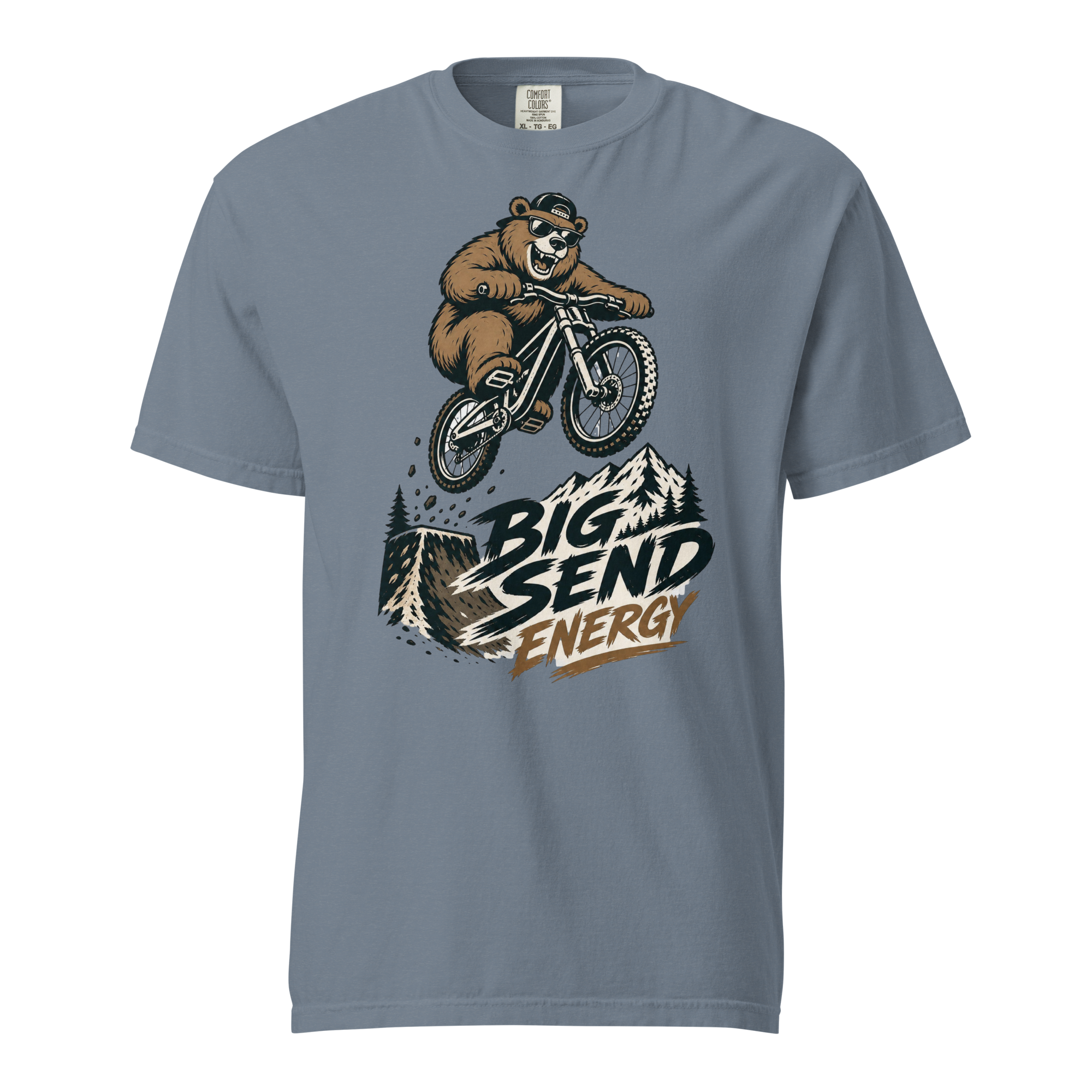 Blue jean colored t-shirt with a bear riding a bike graphic and 'Big Send Energy' text on a white background
