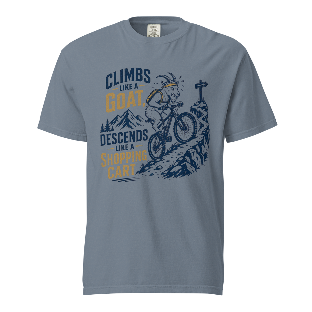 Blue jean colored t-shirt with graphic design and text on a white background