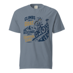 Blue jean colored t-shirt with graphic design and text on a white background
