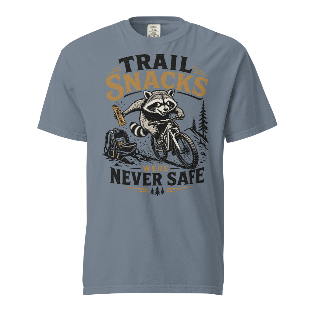 Blue jean colored t-shirt with a raccoon graphic and text on a white background
