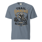 Blue jean colored t-shirt with a raccoon graphic and text on a white background