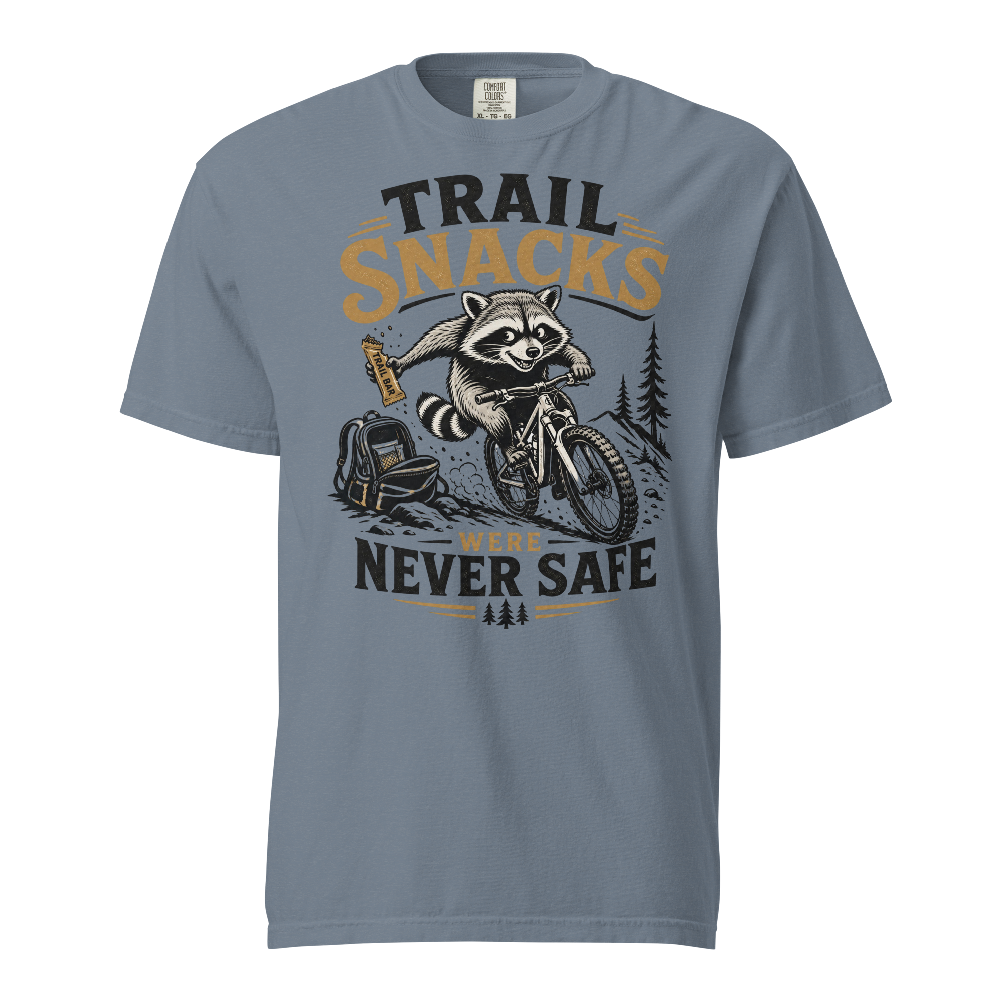 Blue jean colored t-shirt with a raccoon graphic and text on a white background