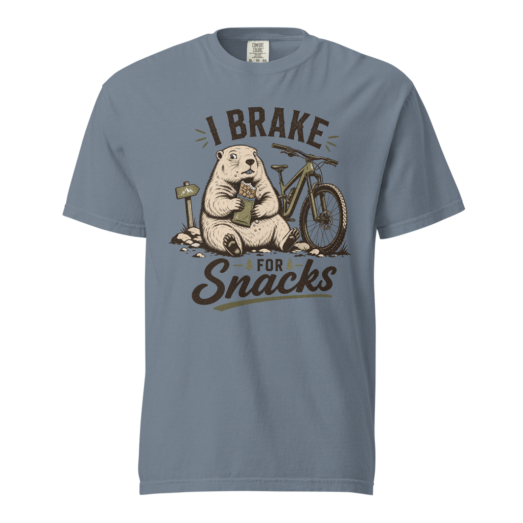 Blue jean colored t-shirt with 'I Brake For Snacks' text and a marmot eating a bar with a mountain bike on the side.