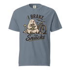 Blue jean colored t-shirt with 'I Brake For Snacks' text and a marmot eating a bar with a mountain bike on the side.