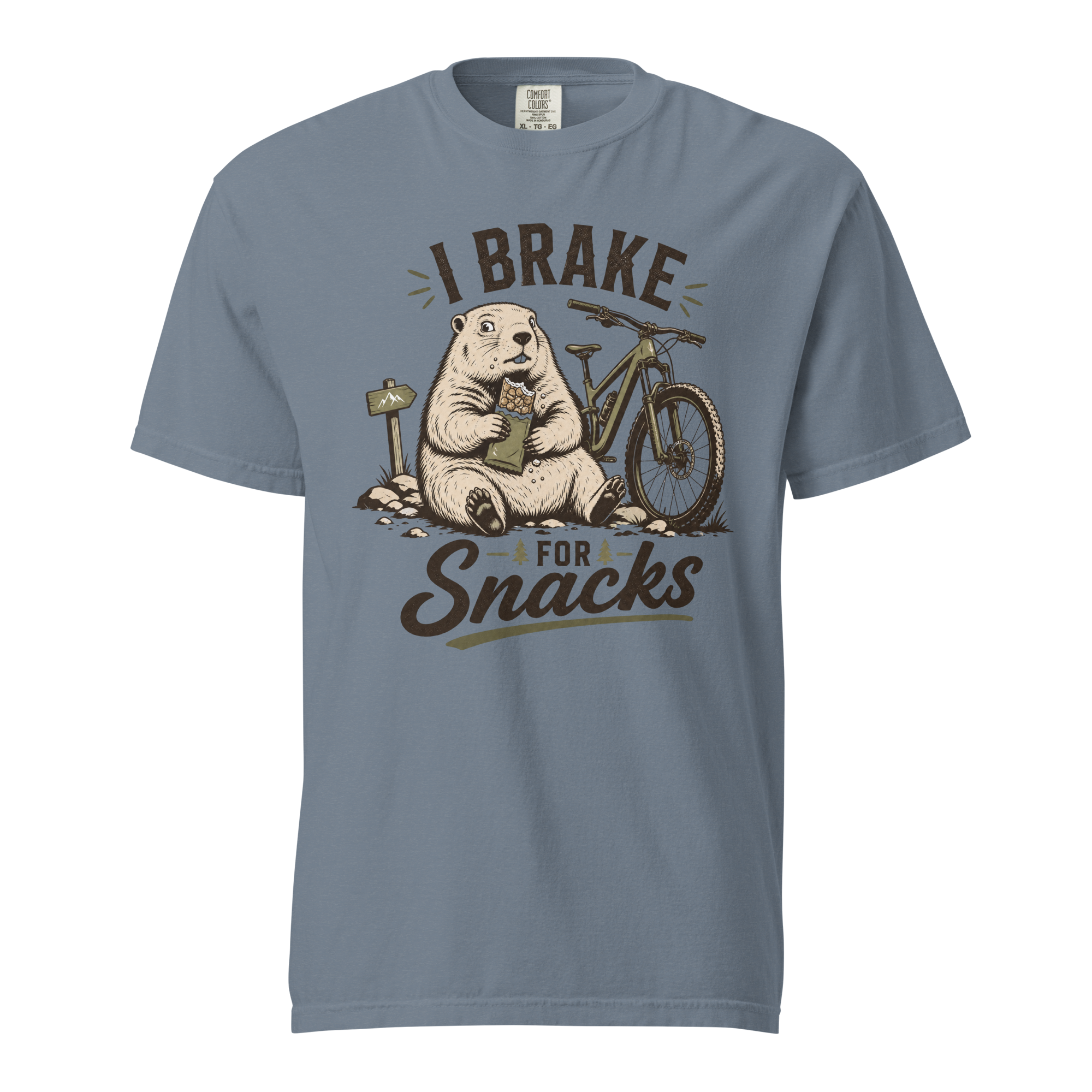 Blue jean colored t-shirt with 'I Brake For Snacks' text and a marmot eating a bar with a mountain bike on the side.