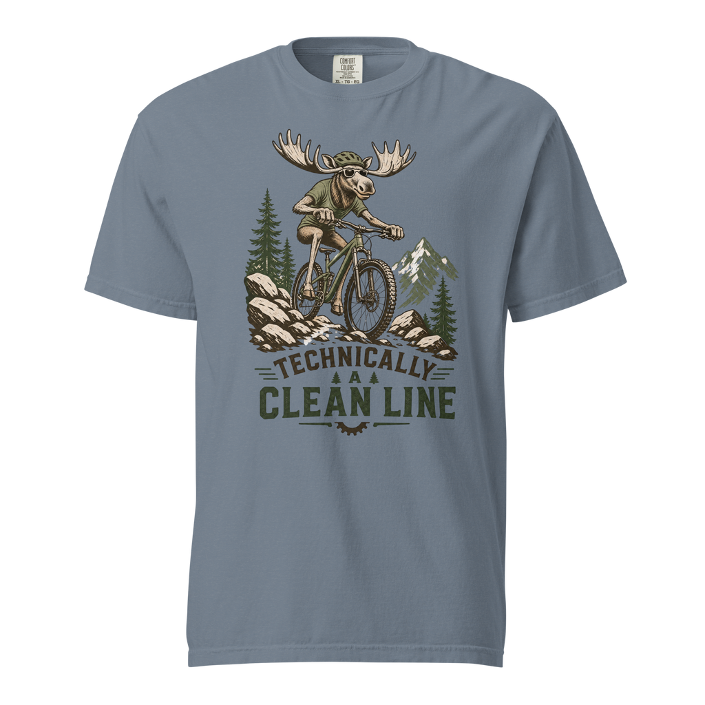 Blue jean colored t-shirt with a graphic of a moose riding a bike and text 'Technically A Clean Line'.