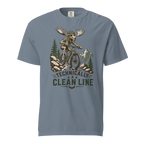 Blue jean colored t-shirt with a graphic of a moose riding a bike and text 'Technically A Clean Line'.