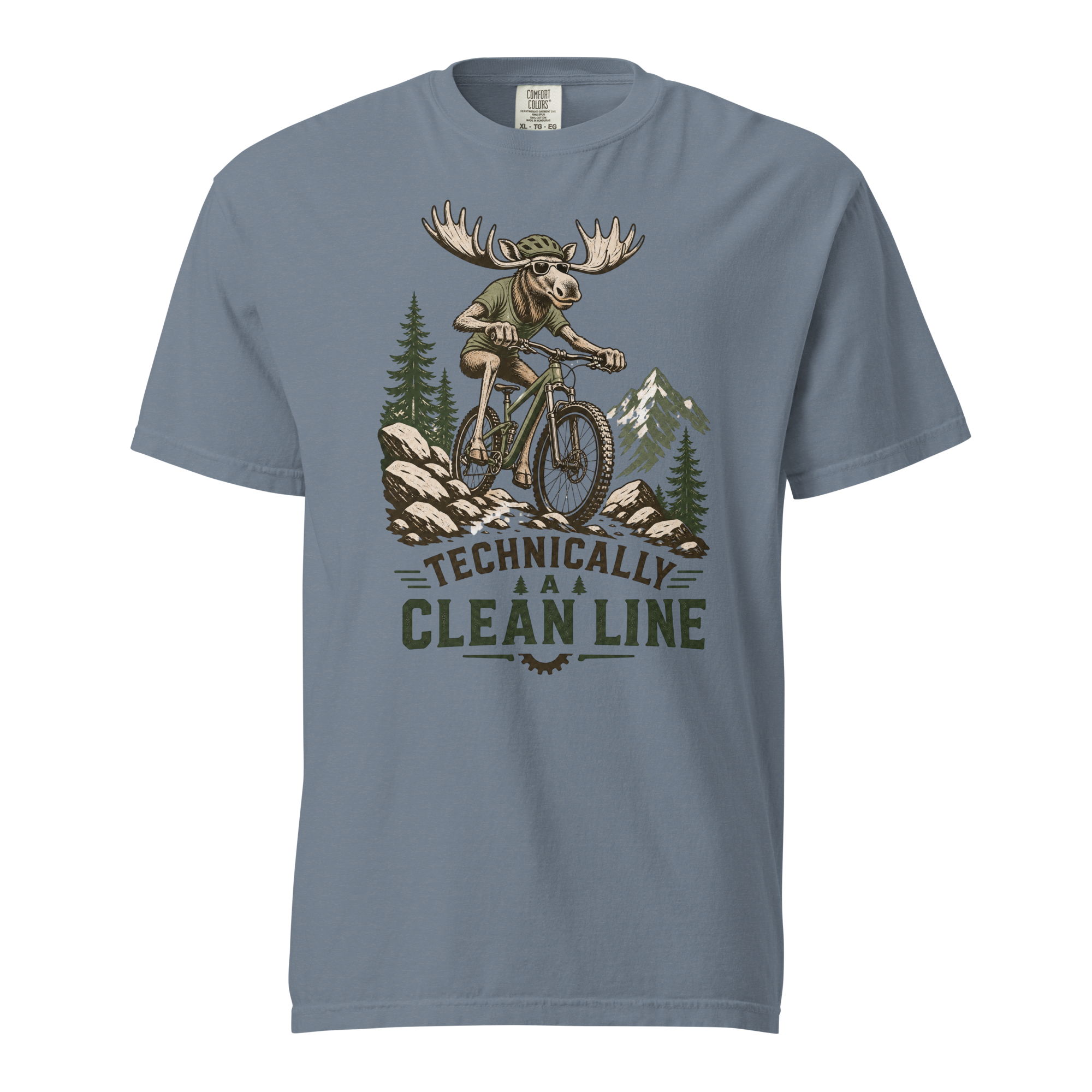 Blue jean colored t-shirt with a graphic of a moose riding a bike and text 'Technically A Clean Line'.