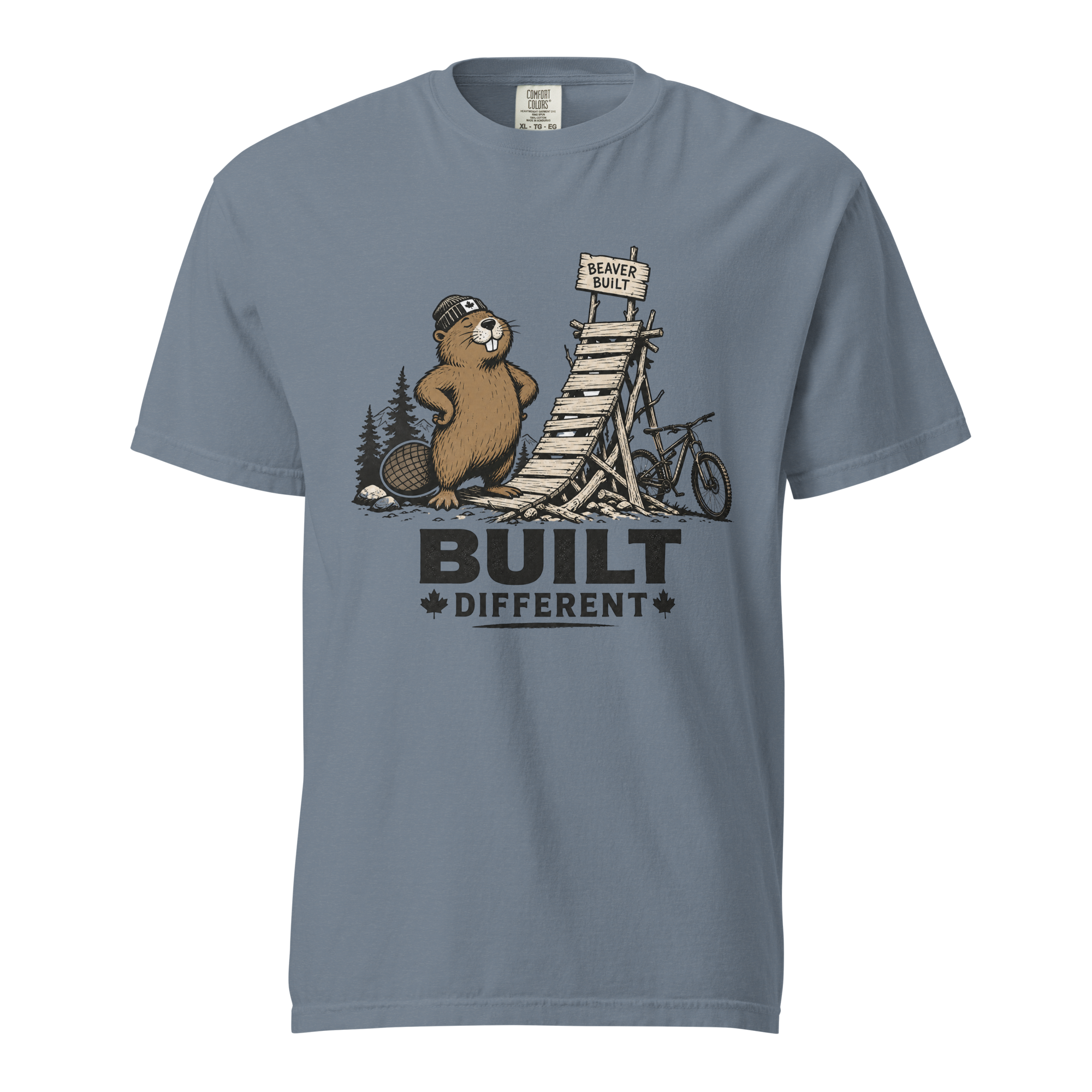 Blue jean colored t-shirt with a beaver graphic and 'Built Different' text.