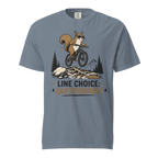 Blue jean t-shirt with a graphic of a squirrel on a bike and text 'Line Choice: Questionable'.