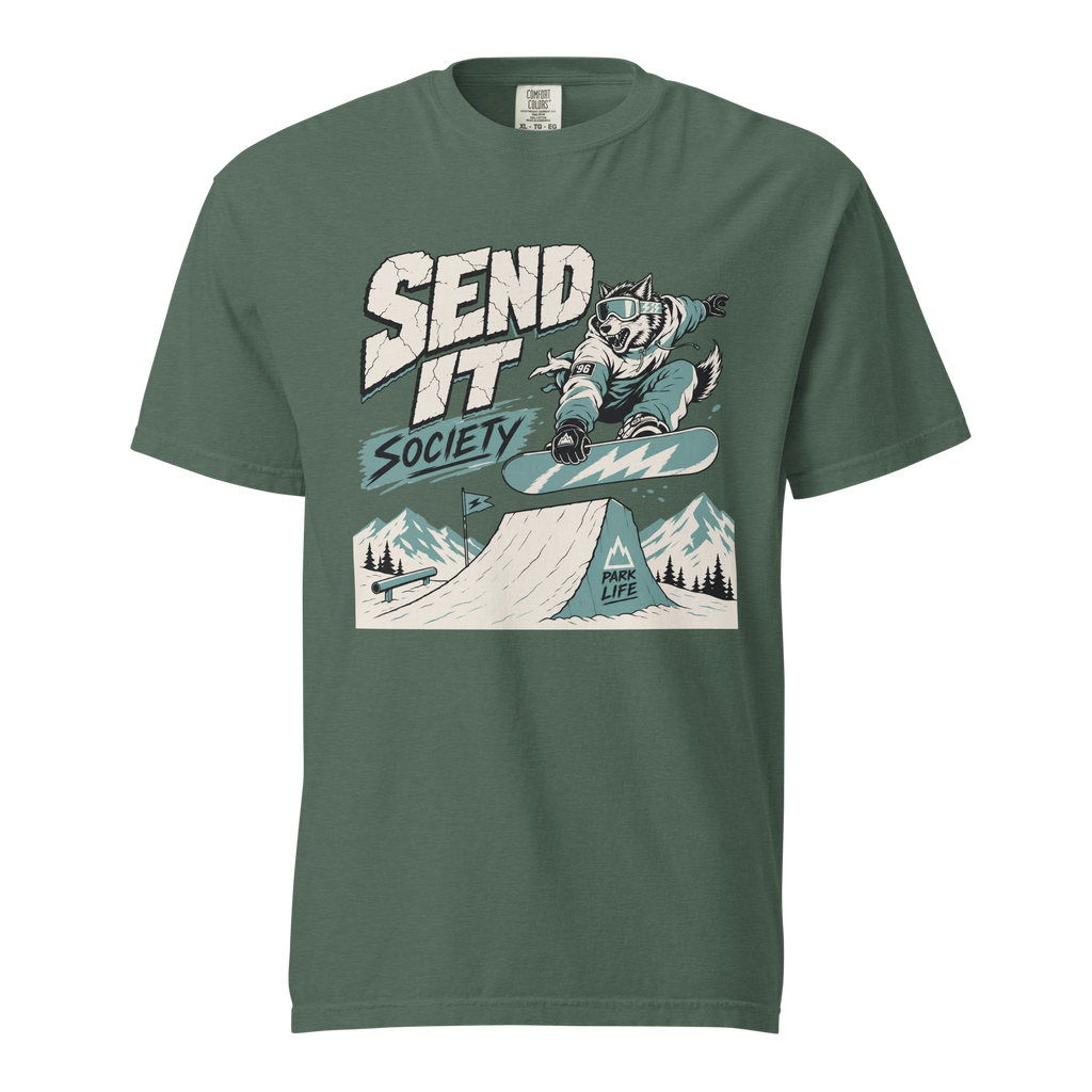 Blue spruce green t-shirt with a graphic design of a person snowboarding and text 'Send It Society' on a white background.