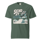 Blue spruce green t-shirt with a graphic design of a person snowboarding and text 'Send It Society' on a white background.