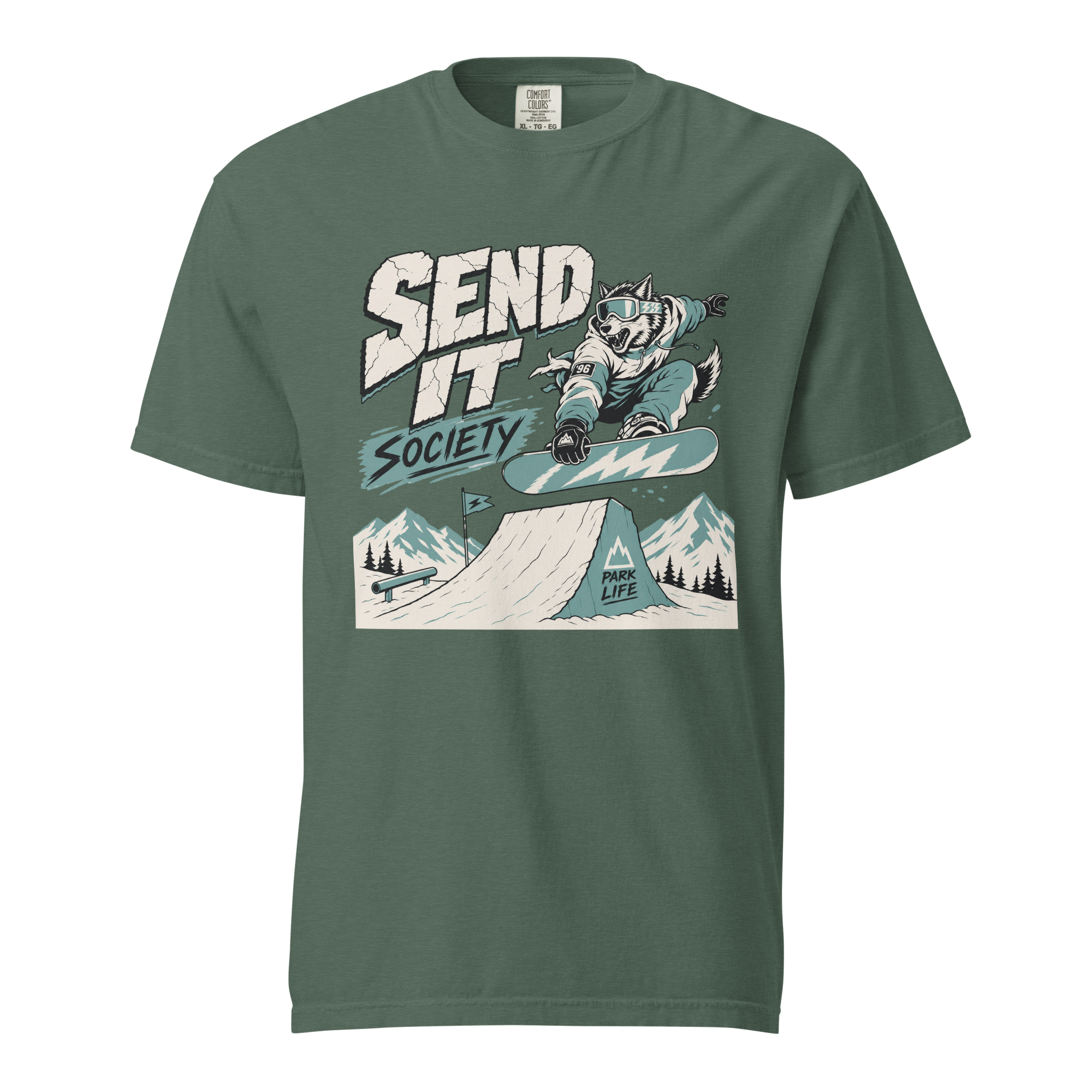Blue spruce green t-shirt with a graphic design of a person snowboarding and text 'Send It Society' on a white background.