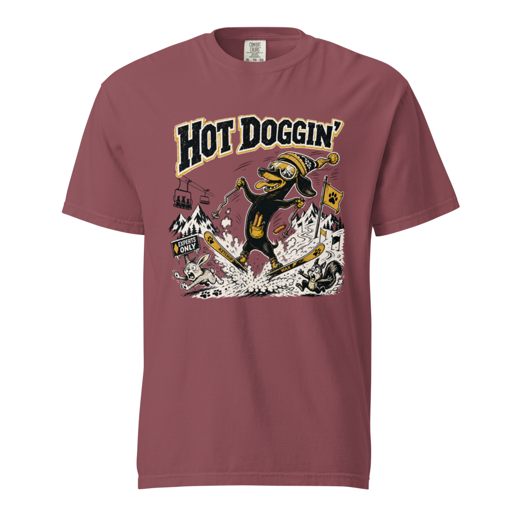 Maroon t-shirt with 'Hot Doggin' graphic design on a white background