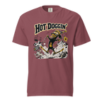 Maroon t-shirt with 'Hot Doggin' graphic design on a white background